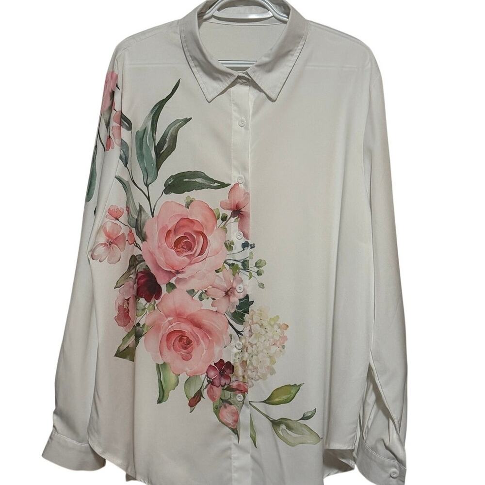 Women’s White Floral Pink Green Long Sleeve Button Front Blouse Size 3XL